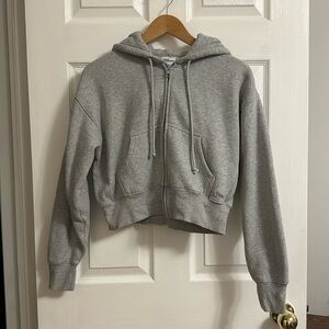 Aritzia TNA cozy fleece boyfriend boxy zip hoodie (preloved, heather grey, 2XS